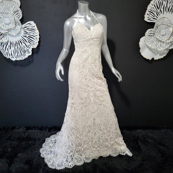 NWT~$935~MONCHERI~8/10~IVORY EMBROIDERED LACE BEADED FIT & FLARE WEDDING DRESS - Picture 1 of 16